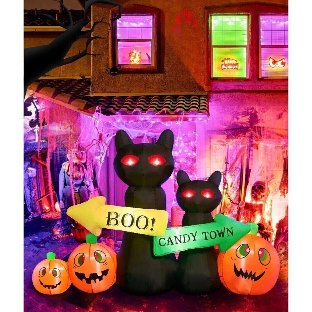 New 8 FT Halloween Inflatables Light Up Black Cat Pumpkins